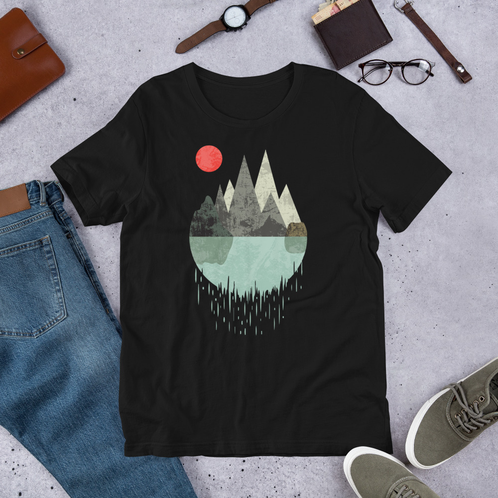T-Shirt Geometric Graphic design - Mountains Lake Sun 1